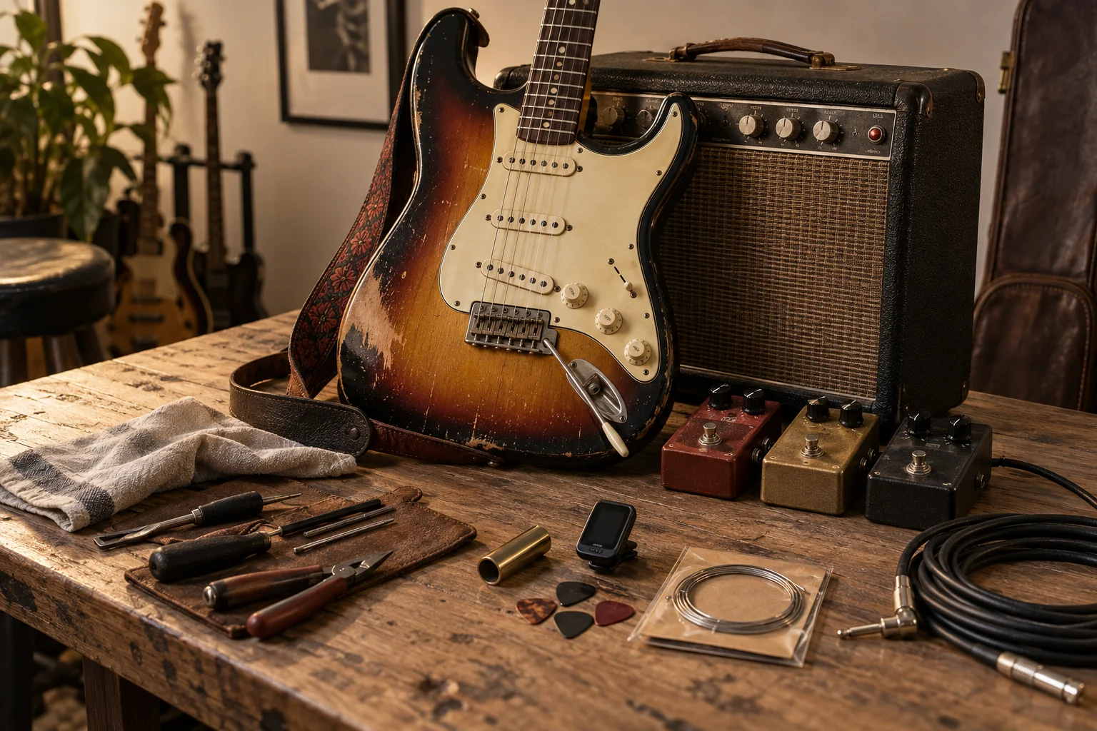 Guitarra, amplificador, pedais e ferramentas que representam a caixa de ferramentas do guitarrista